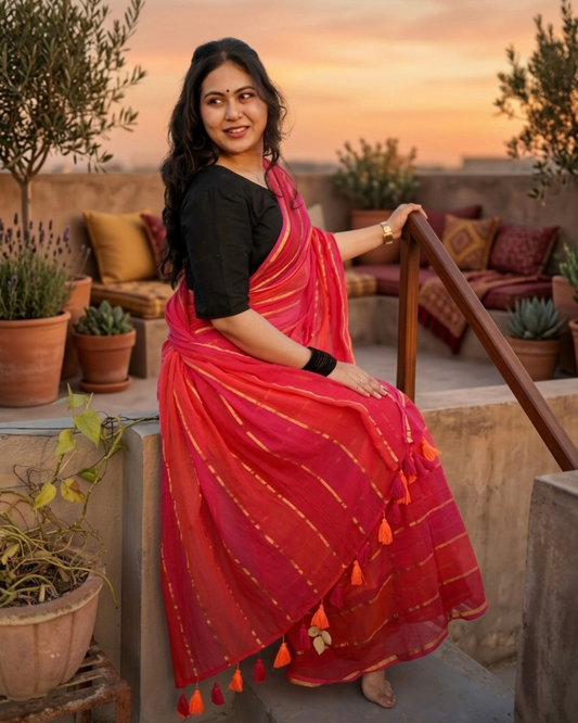 Coral Pink Pure Mul Cotton Saree with Gold Zari Stripes