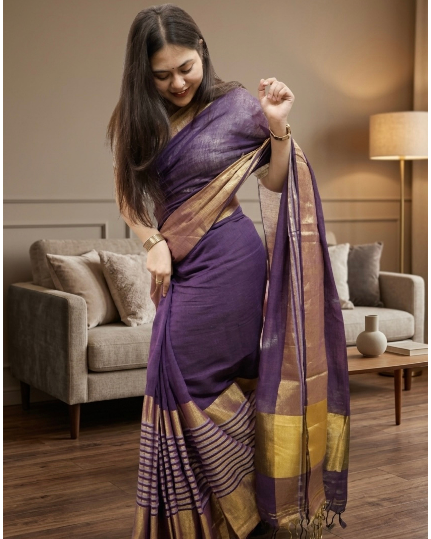 Handwoven Linen Zari Border Saree