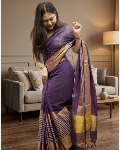 Handwoven Linen Zari Border Saree