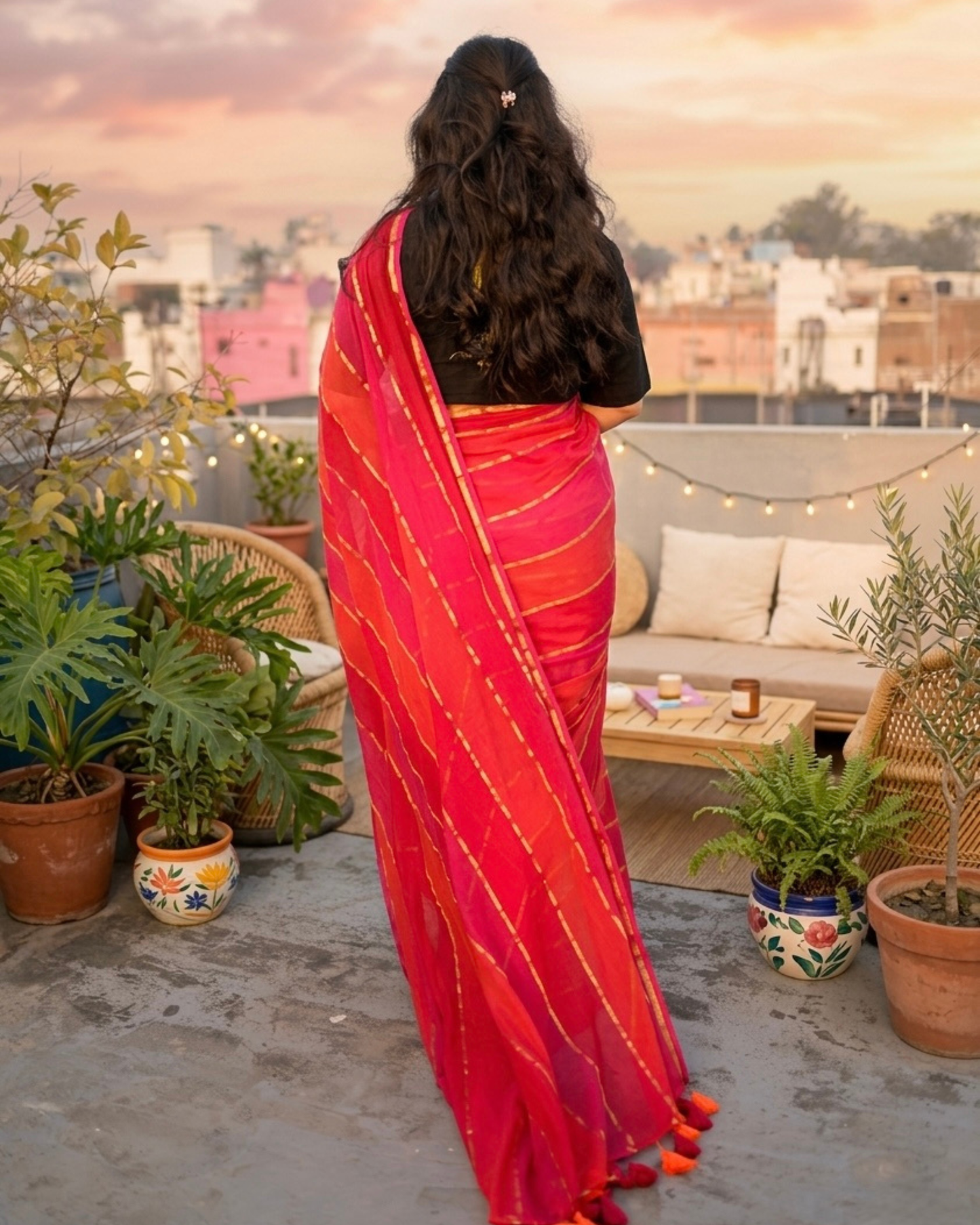 Coral Pink Pure Mul Cotton Saree with Gold Zari Stripes