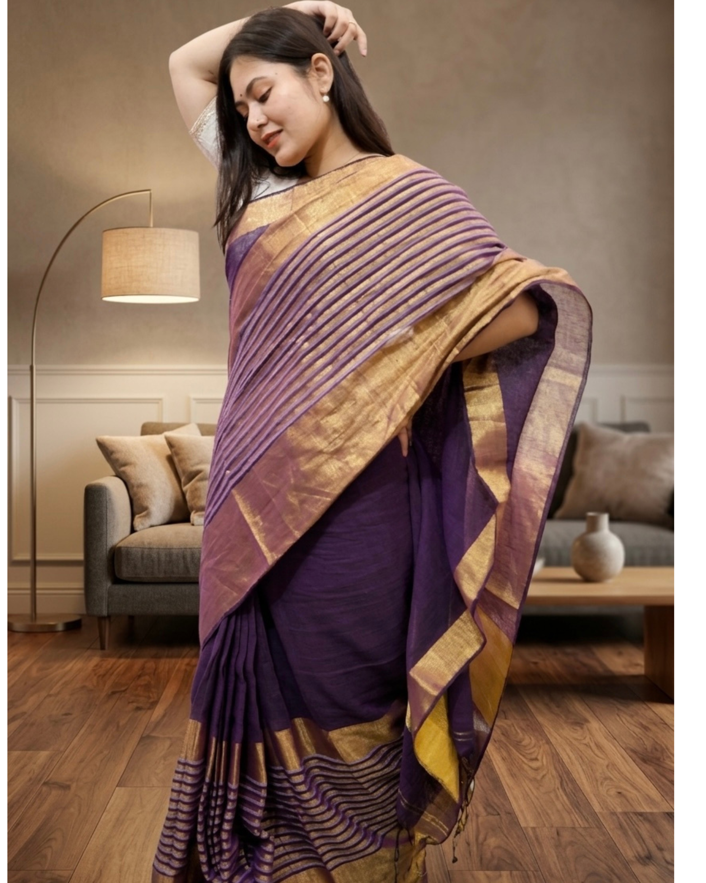 Handwoven Linen Zari Border Saree