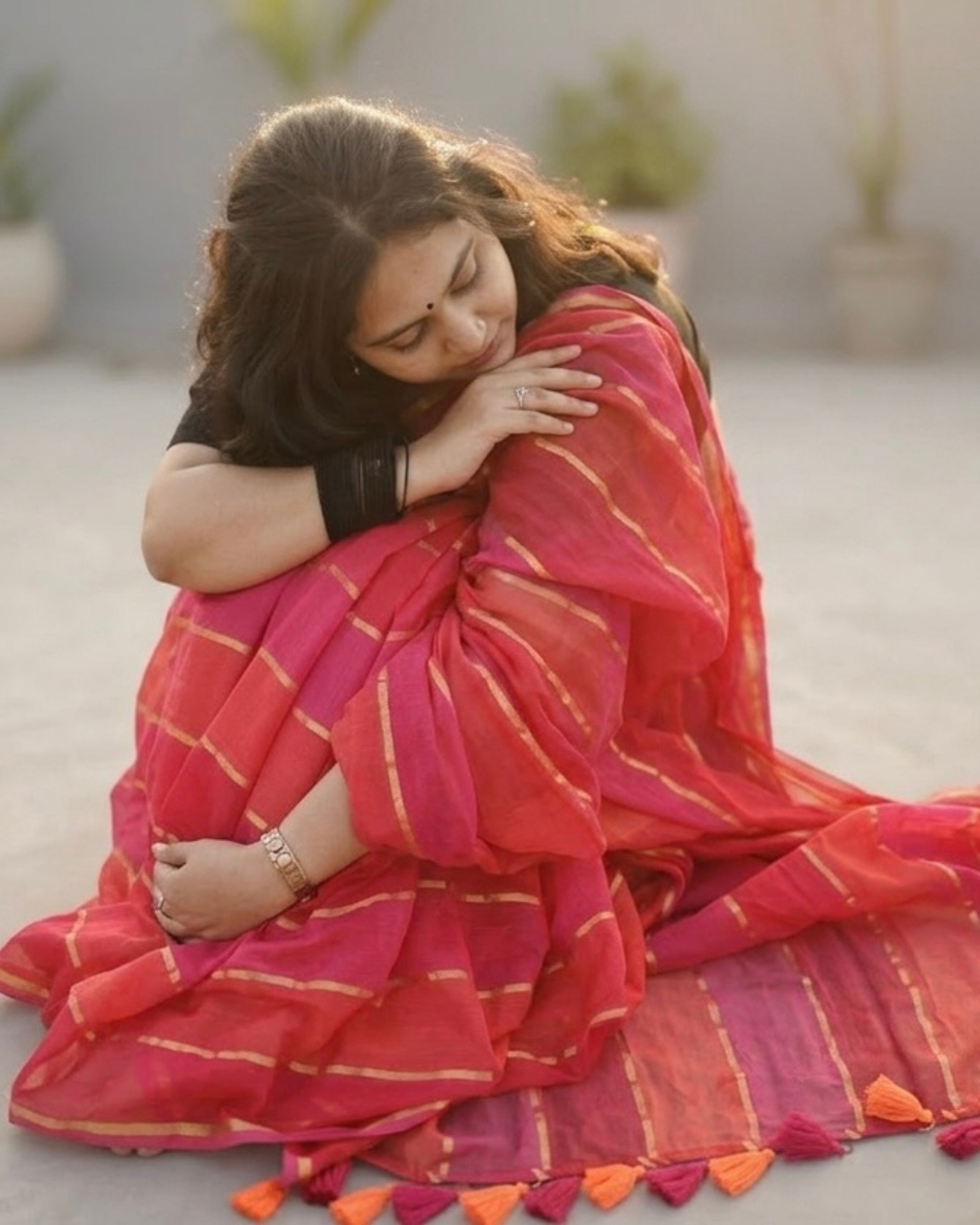 Coral Pink Pure Mul Cotton Saree with Gold Zari Stripes