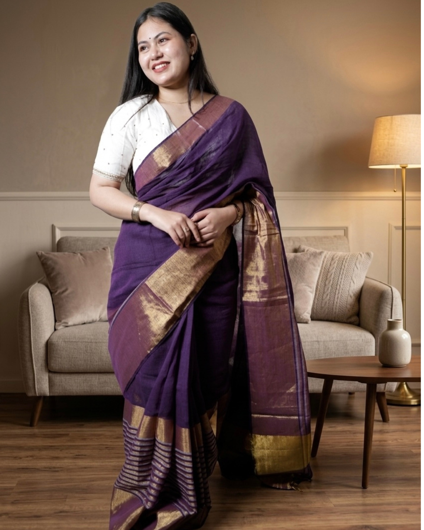 Handwoven Linen Zari Border Saree