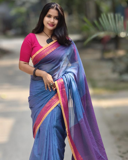 Neelam Mul Cotton Saree with Contrast Pink Border