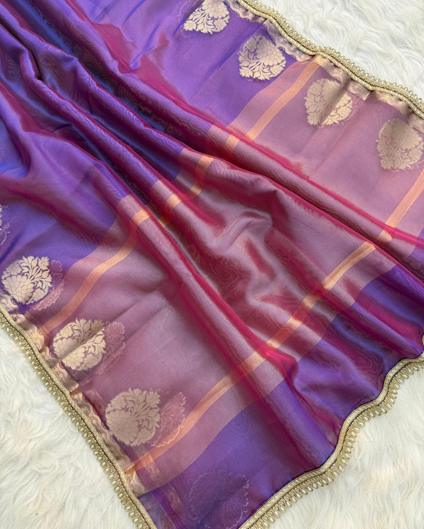 Dual Tone Violet Banarasi Tissue Silk Saree With Handcrafted Pearl Lace