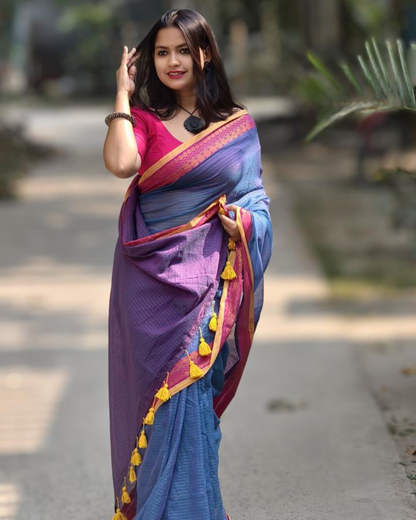 Neelam Mul Cotton Saree with Contrast Pink Border
