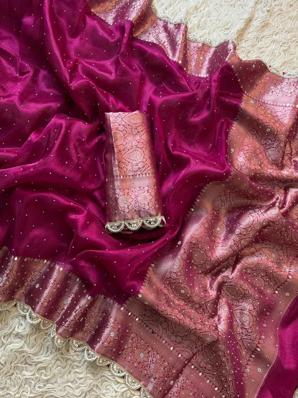 Brocade Swarovski Pankh lace Banarasi Tissue Silk Saree