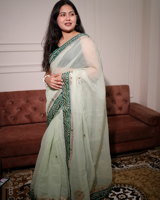 Pista Grace Kota Doria Saree With Bandhej Border