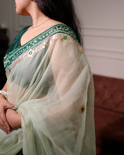 Pista Grace Kota Doria Saree With Bandhej Border