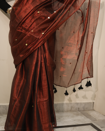 Deep Maroon Mul Tissue with Antique Ginni Work