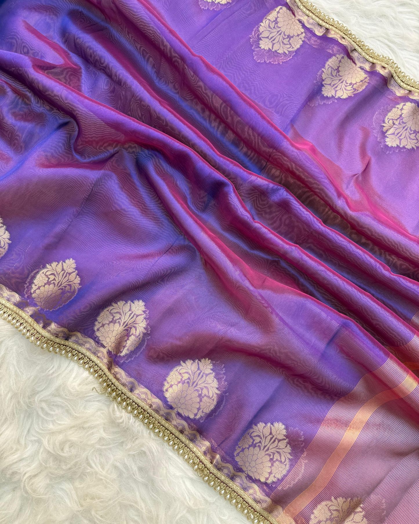Dual Tone Violet Banarasi Tissue Silk Saree With Handcrafted Pearl Lace