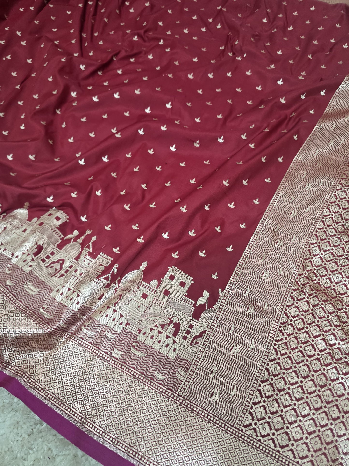 Ruby Red  Mashru Katan Silk Ghat Border Banarasi Saree