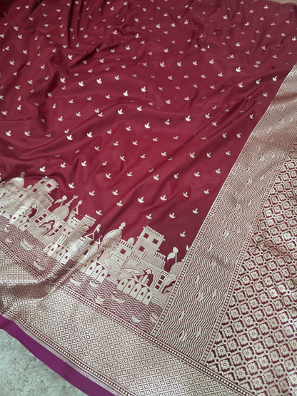 Ruby Red  Mashru Katan Silk Ghat Border Banarasi Saree