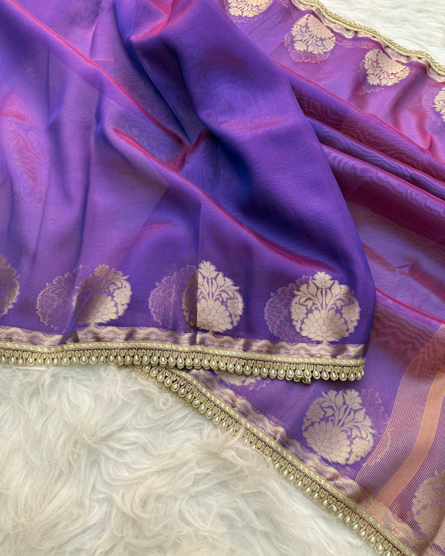 Dual Tone Violet Banarasi Tissue Silk Saree With Handcrafted Pearl Lace
