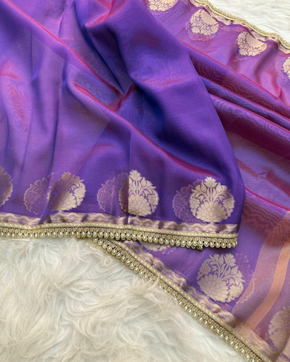 Dual Tone Violet Banarasi Tissue Silk Saree With Handcrafted Pearl Lace