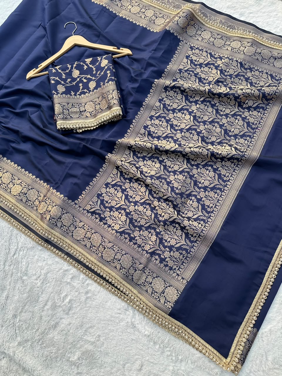 Premium Banarasi Silk Saree with Heavy Zari Border & Pearl Lace Work