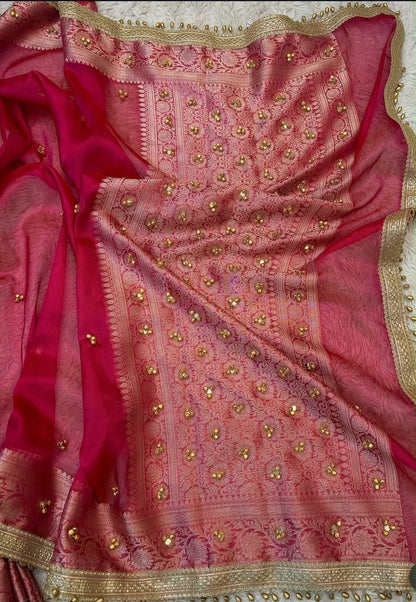 Banarasi Tissue Silk Saree with Zari Border & Ghungroo Lace – Viral Ghungroo Saree