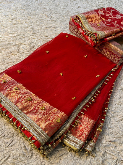 Banarasi Tissue Silk Saree with Zari Border & Ghungroo Lace – Viral Ghungroo Saree
