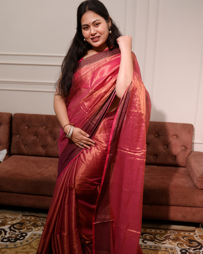 Petal Pink  Mul Tissue Saree With Temple Border