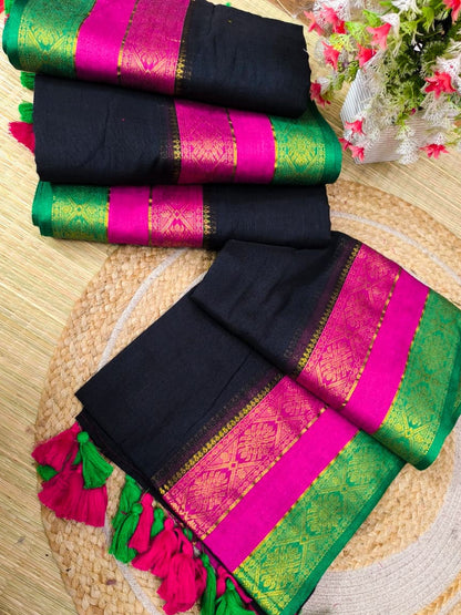 Kanchi Border Mul Cotton Saree with Green & Pink Zari Border