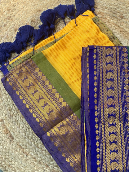 Yellow Mul Cotton Saree with Blue & Green Zari Border