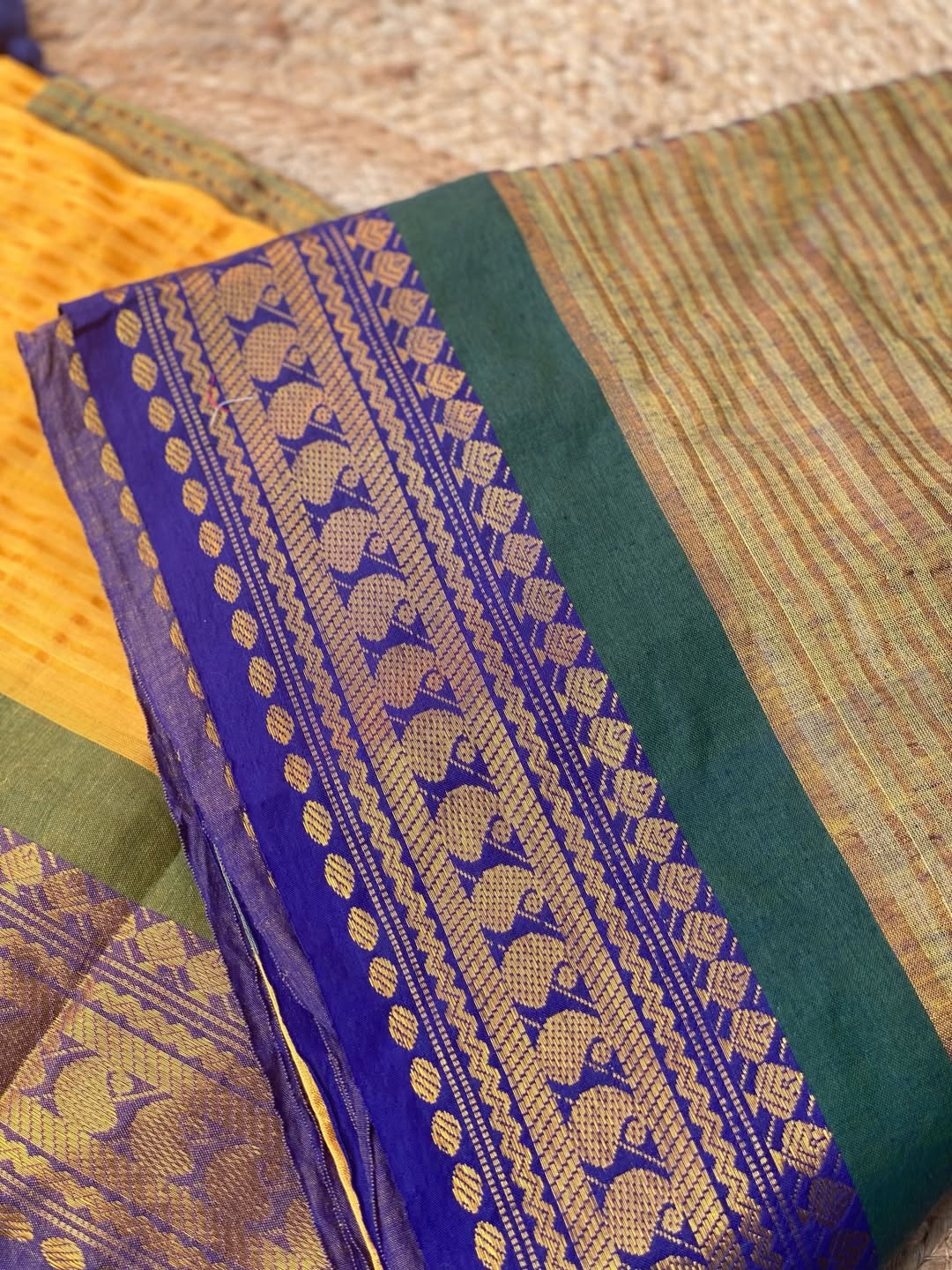Yellow Mul Cotton Saree with Blue & Green Zari Border