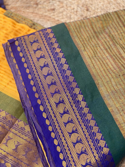Yellow Mul Cotton Saree with Blue & Green Zari Border