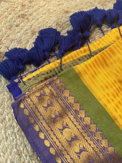 Yellow Mul Cotton Saree with Blue & Green Zari Border