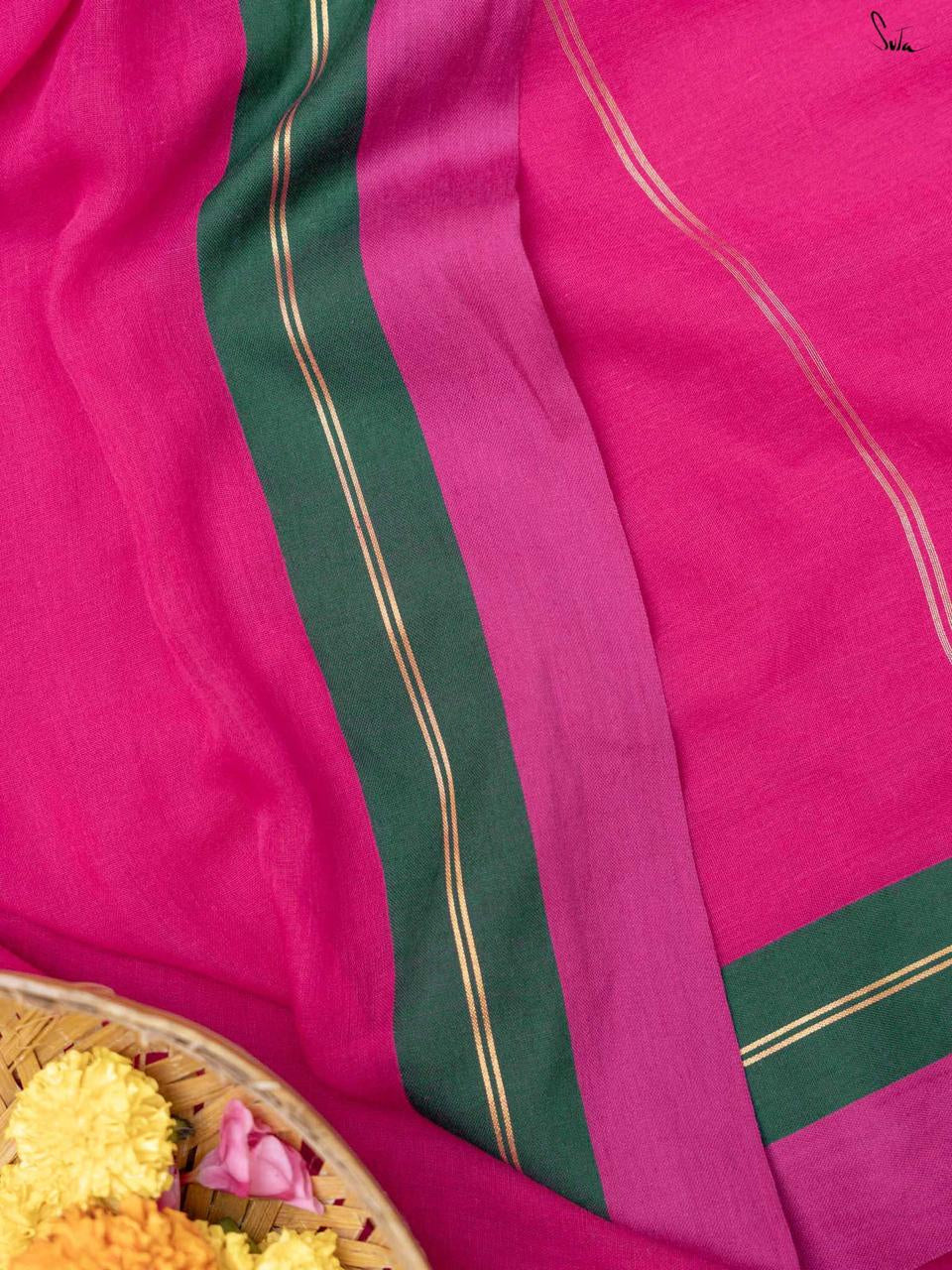 Rani Pink Cotton Saree with Contrast Zari Border and Tassels
