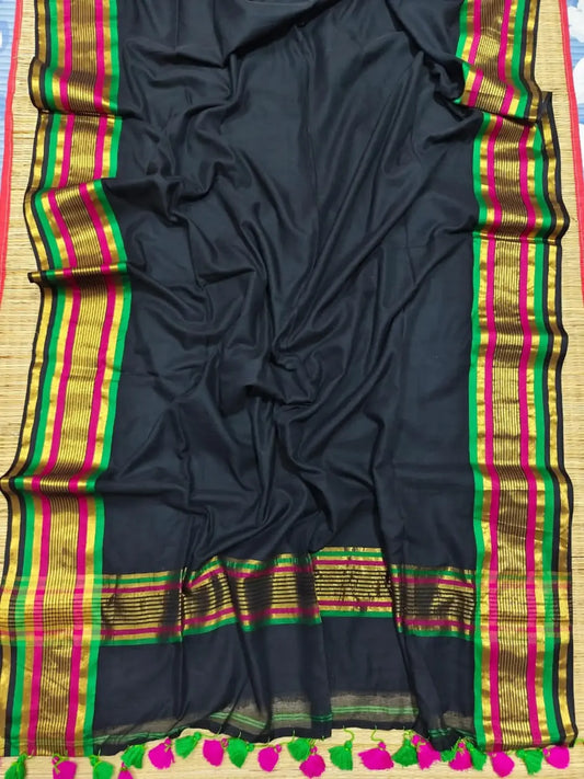 Black Mul Cotton Saree with Zari Striped Border