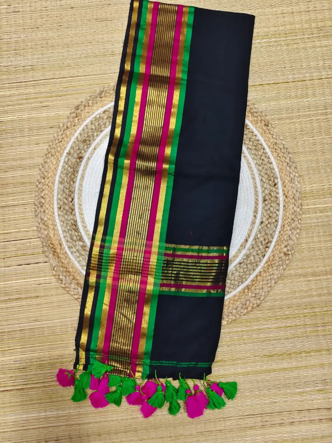 Black Mul Cotton Saree with Zari Striped Border
