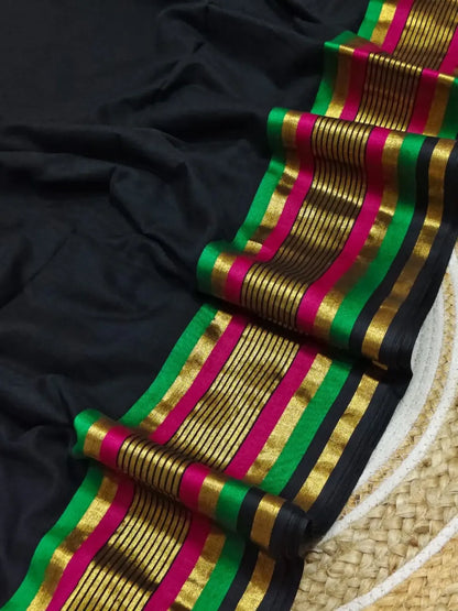 Black Mul Cotton Saree with Zari Striped Border