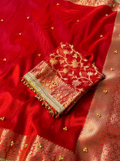 Banarasi Tissue Silk Saree with Zari Border & Ghungroo Lace – Viral Ghungroo Saree