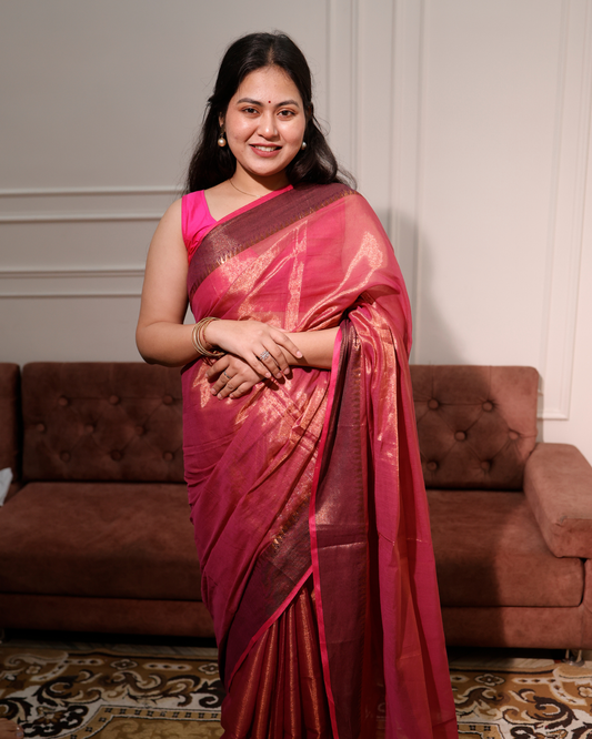 Petal Pink  Mul Tissue Saree With Temple Border