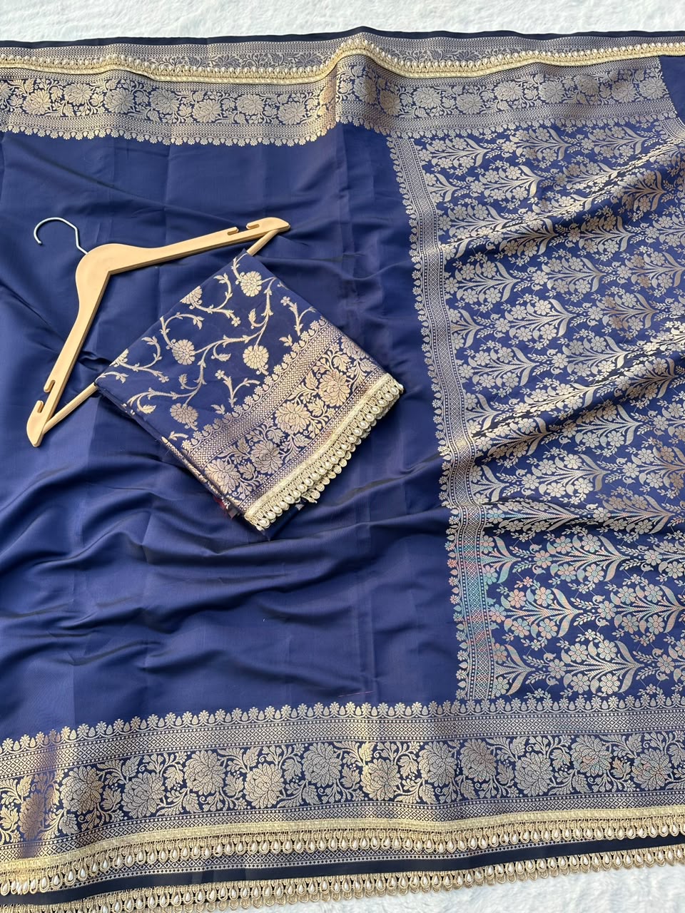 Premium Banarasi Silk Saree with Heavy Zari Border & Pearl Lace Work