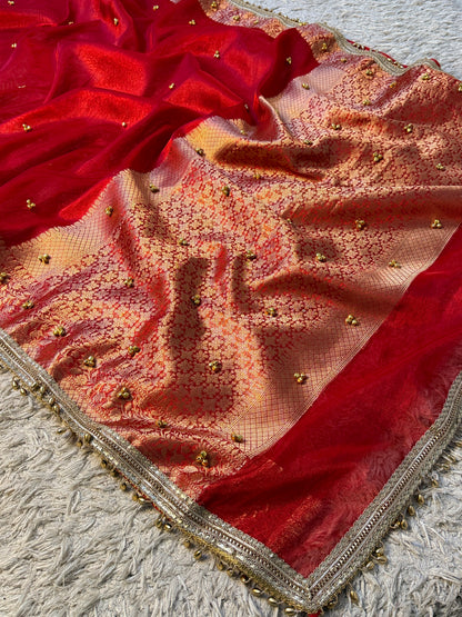 Banarasi Tissue Silk Saree with Zari Border & Ghungroo Lace – Viral Ghungroo Saree