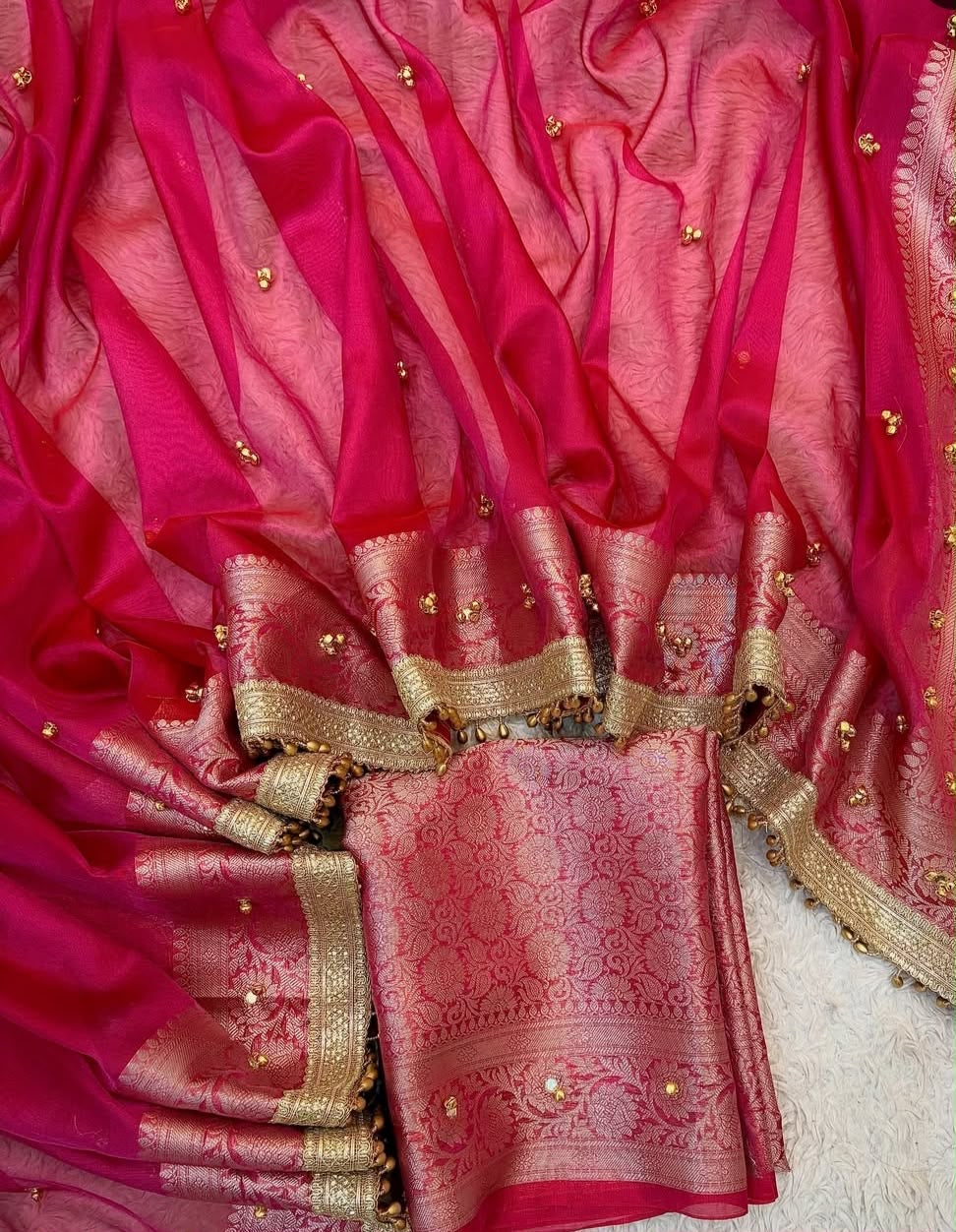 Banarasi Tissue Silk Saree with Zari Border & Ghungroo Lace – Viral Ghungroo Saree