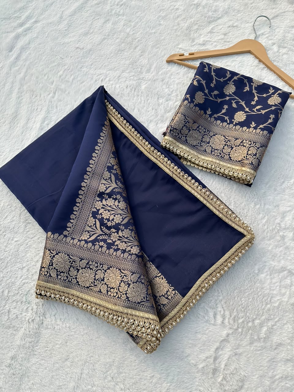 Premium Banarasi Silk Saree with Heavy Zari Border & Pearl Lace Work