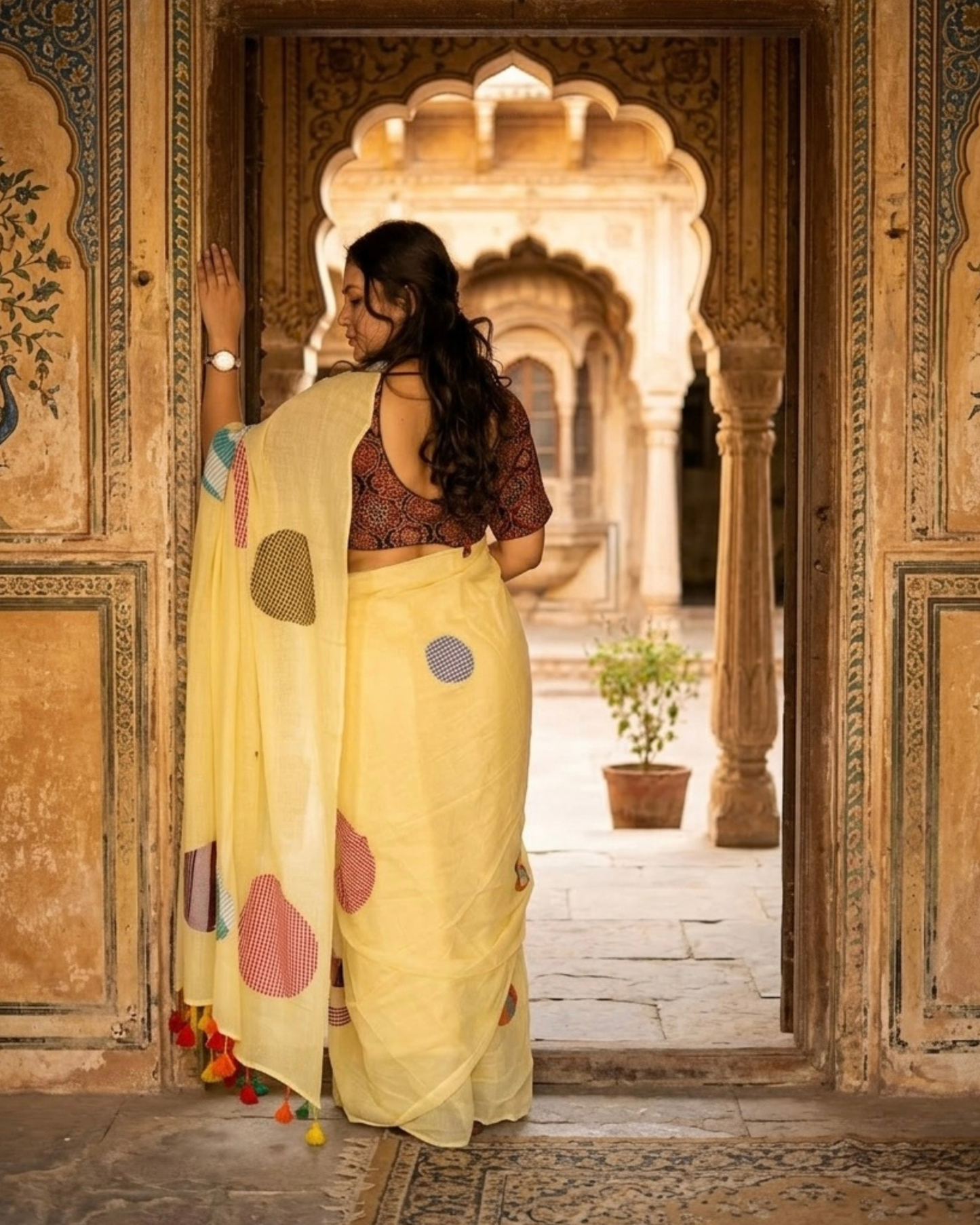 Pastel Yellow Pure Mul Cotton Saree with Multicolor Patchwork Applique Motifs & Tassel Pallu
