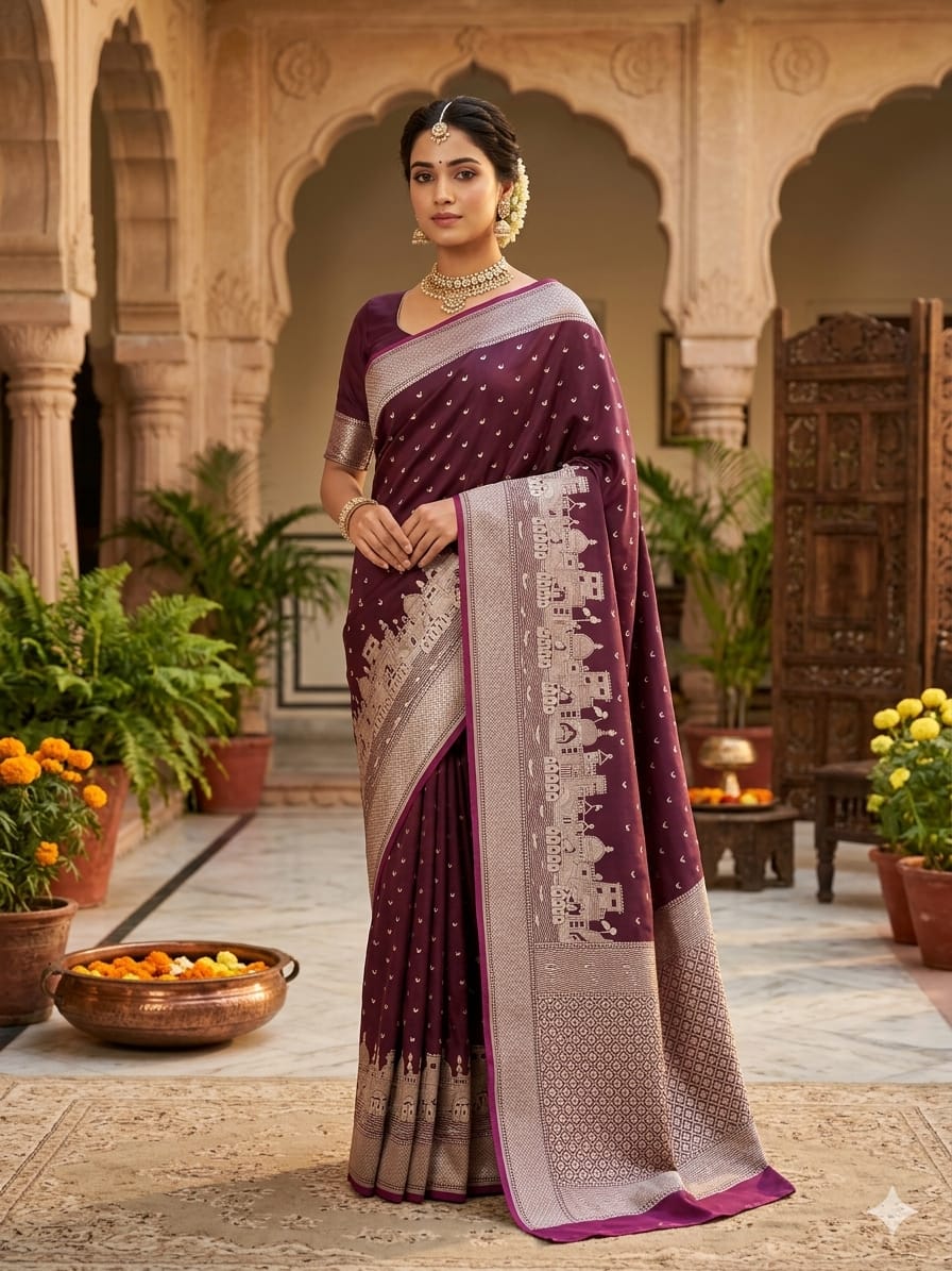 Plum Mashru Katan Silk Ghat Border Banarasi Saree