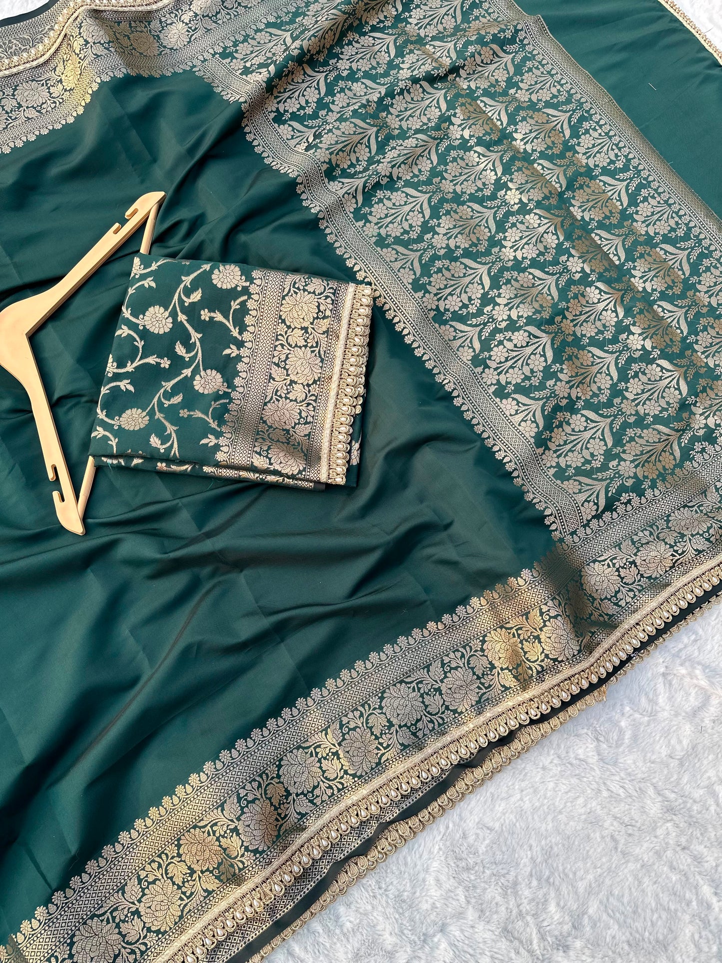Premium Banarasi Silk Saree with Heavy Zari Border & Pearl Lace Work