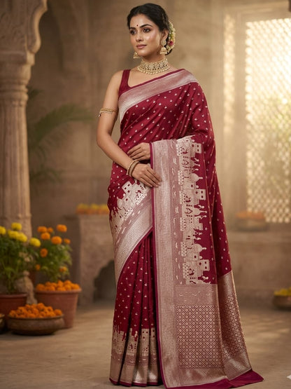 Ruby Red  Mashru Katan Silk Ghat Border Banarasi Saree
