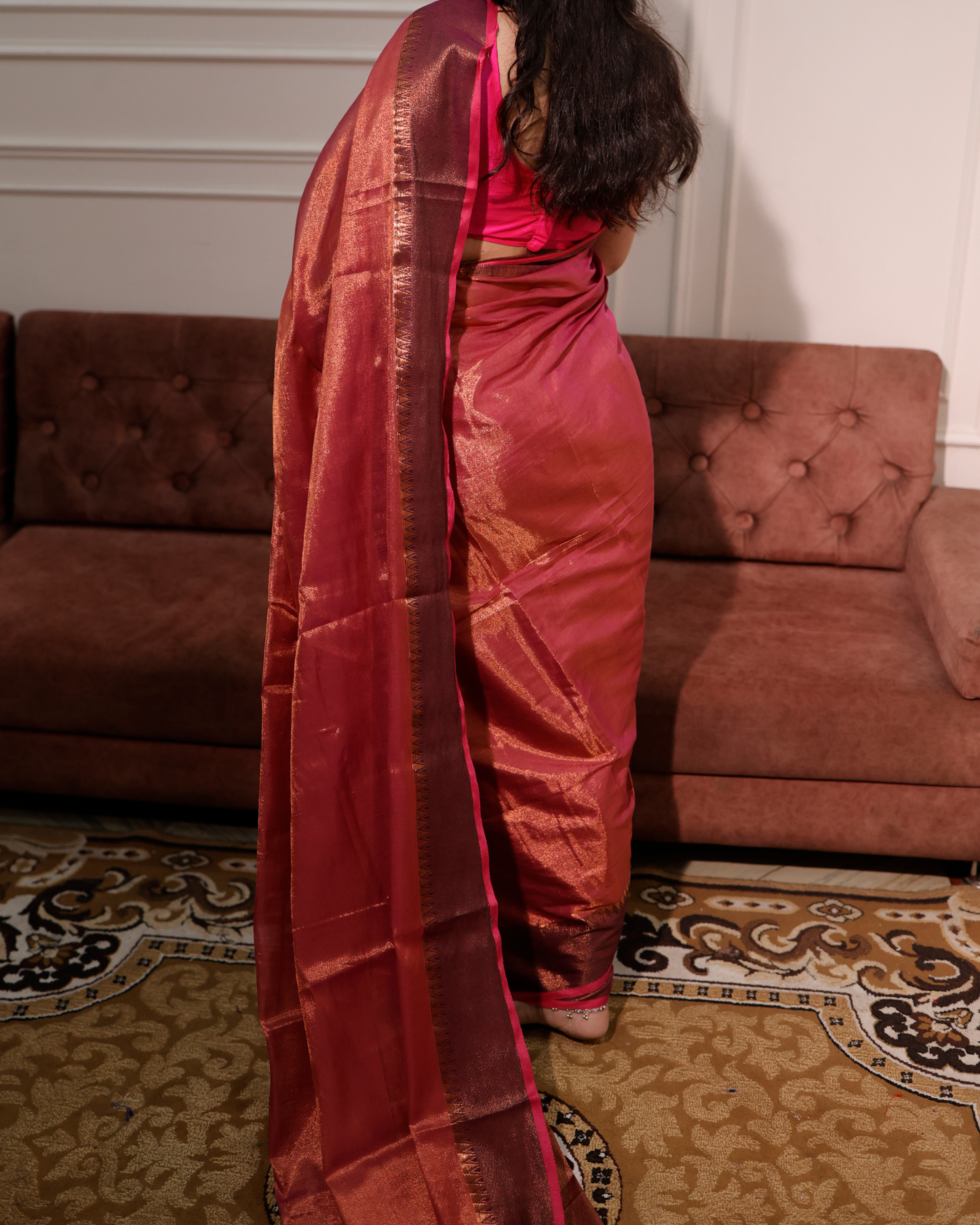 Petal Pink  Mul Tissue Saree With Temple Border