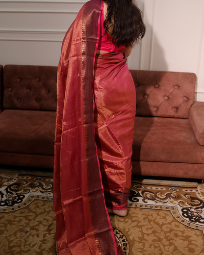 Petal Pink  Mul Tissue Saree With Temple Border