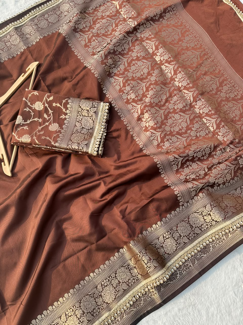 Premium Banarasi Silk Saree with Heavy Zari Border & Pearl Lace Work