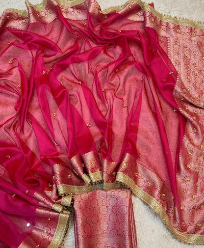 Banarasi Tissue Silk Saree with Zari Border & Ghungroo Lace – Viral Ghungroo Saree