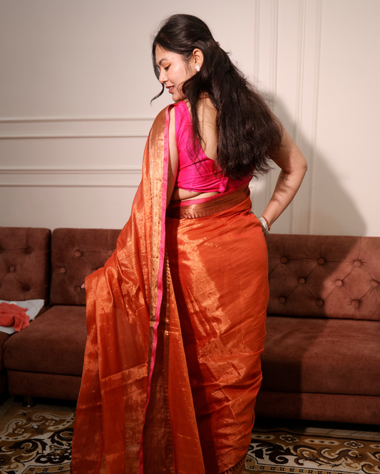 Amber Flame  Mul Tissue Saree With Temple Border