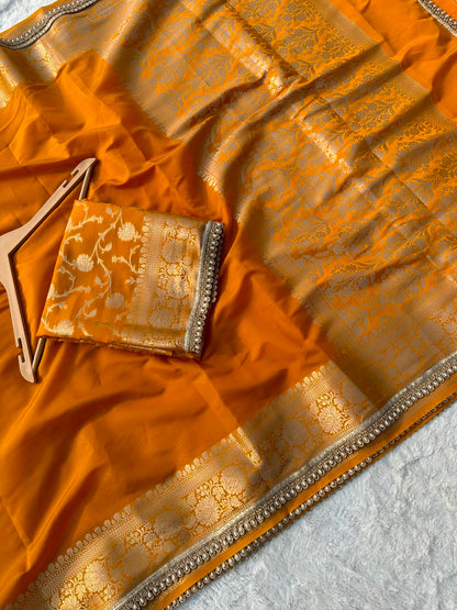 Premium Banarasi Silk Saree with Heavy Zari Border & Pearl Lace Work