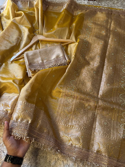 Golden Yellow Banarasi Tissue Silk Saree with Hand Embroidered Moti Work & Heavy Lace Border
