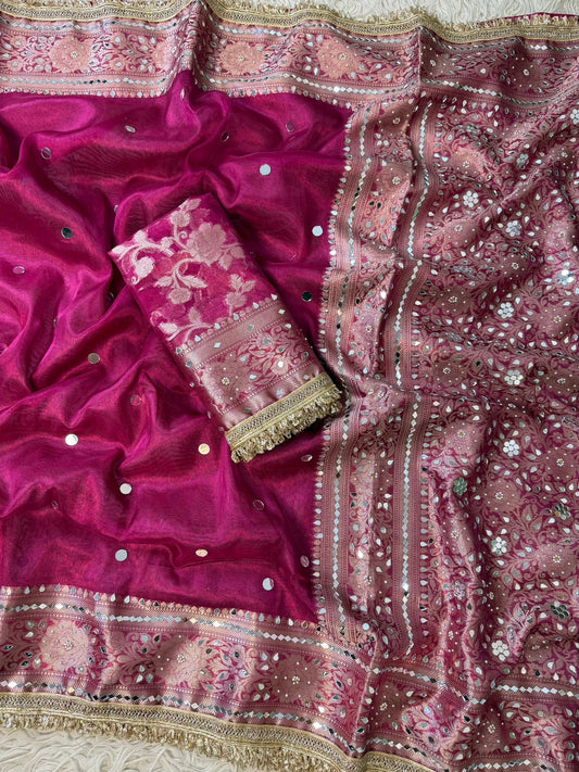 Maharani Pink Banarasi Tissue Saree with Handcrafted Mirror Work